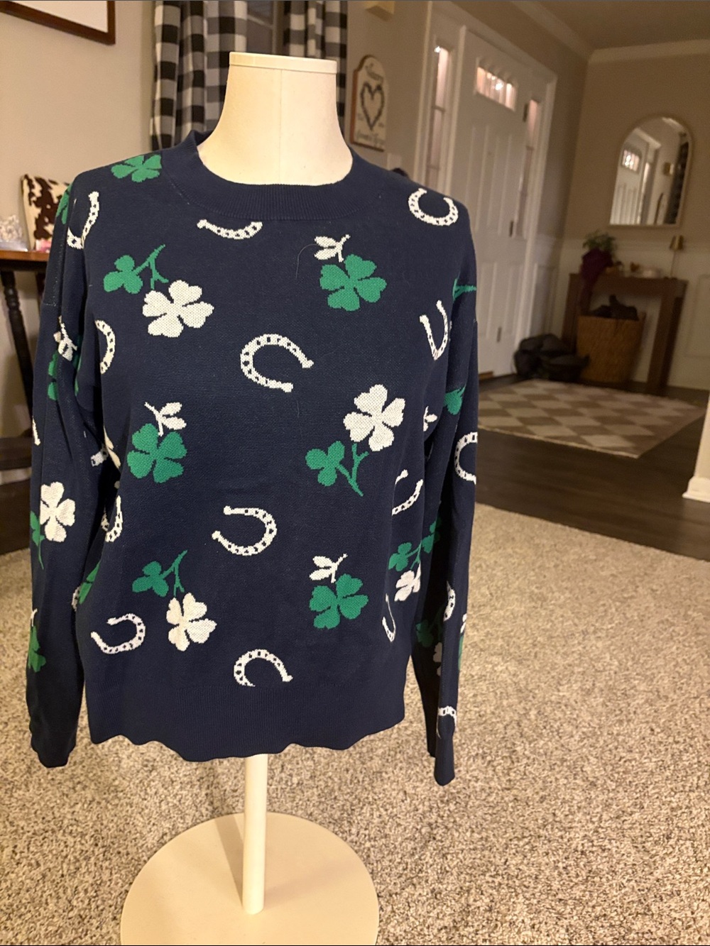 LOFT Navy Sweater with Green Clover & White Horseshoe Motif
